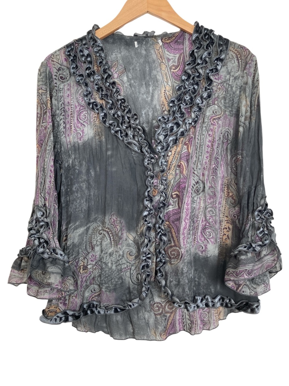 Women's Velvet Ruffle Semi Sheer 3/4 Sleeve Top, Size M*